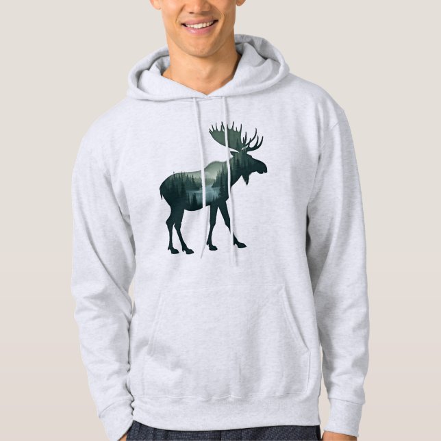 Älg Siluett Skog Natur Dubbelexponering Hoodie (Framsida)
