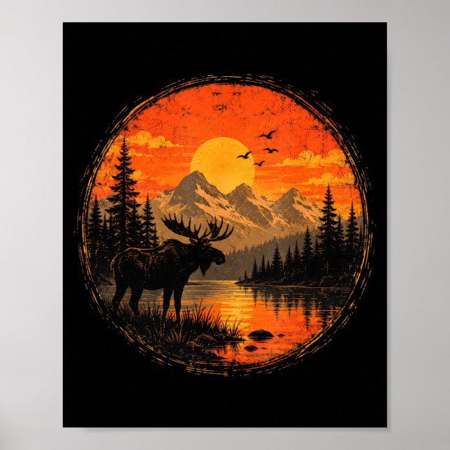 Älg solnedgång berg skog sjö vildmark poster (Framsidan)