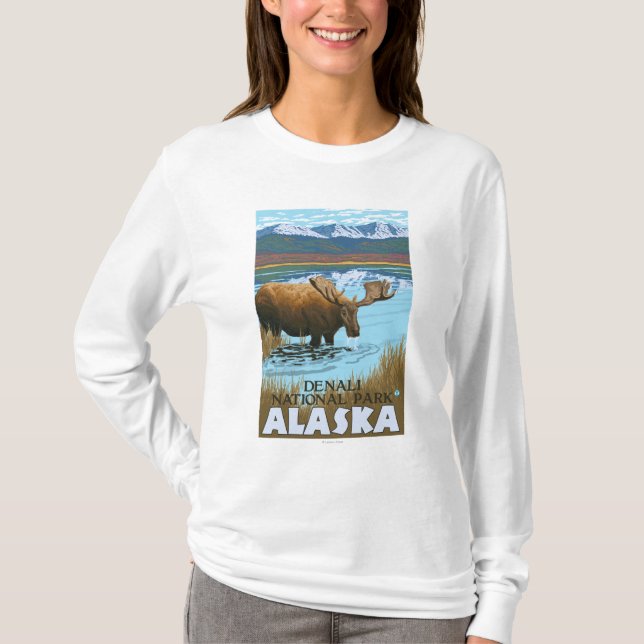 Älg som dricker på sjön - Denali nationalpark, Tee Shirt (Framsida)