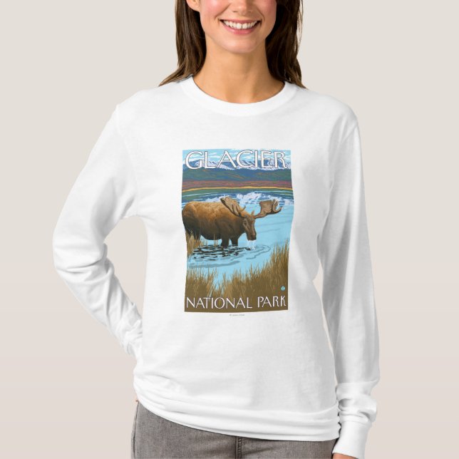 Älg som dricker på sjön - glaciärnationalpark, tee shirt (Framsida)