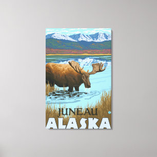 Älg som dricker på sjön - Juneau, Alaska Canvastryck