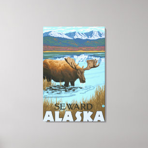 Älg som dricker på sjön - Seward, Alaska Canvastryck