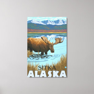 Älg som dricker på sjön - Sitka, Alaska Canvastryck