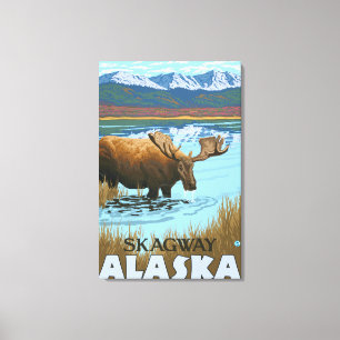Älg som dricker på sjön - Skagway, Alaska Canvastryck
