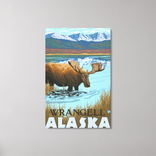 Älg som dricker på sjön - Wrangell, Alaska Canvastryck