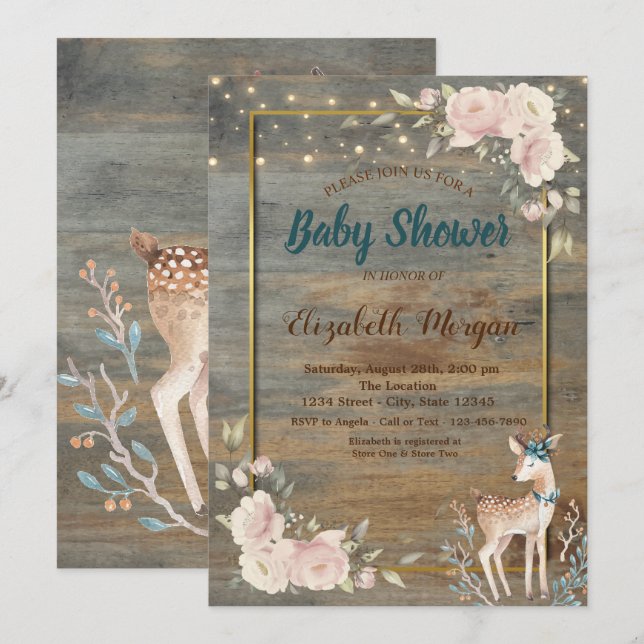 Älg strängljus, Träblommig baby shower  Inbjudningar (Fram/baksida)