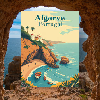 Algarve Portugal Retro Beach Travel Vykort