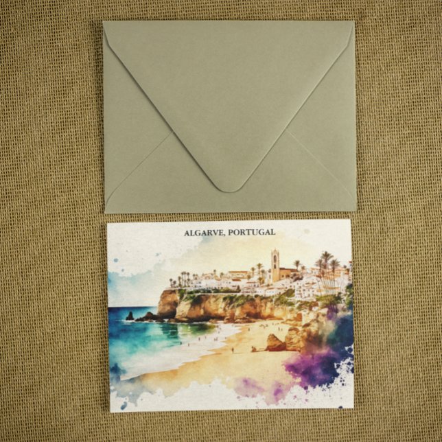 Algarve Portugal Watercolor Travel Vykort (Algarve Portugal travel postcard)