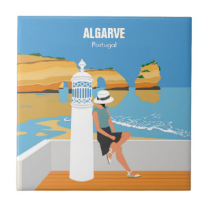 Algarve-strandflicka reser vintage stil kakelplatta
