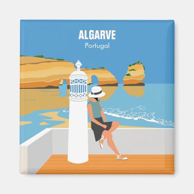 Algarve-strandflicka reser vintage stil magnet (Framsidan)