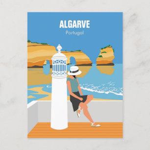 Algarve-strandflicka reser vintage stil vykort