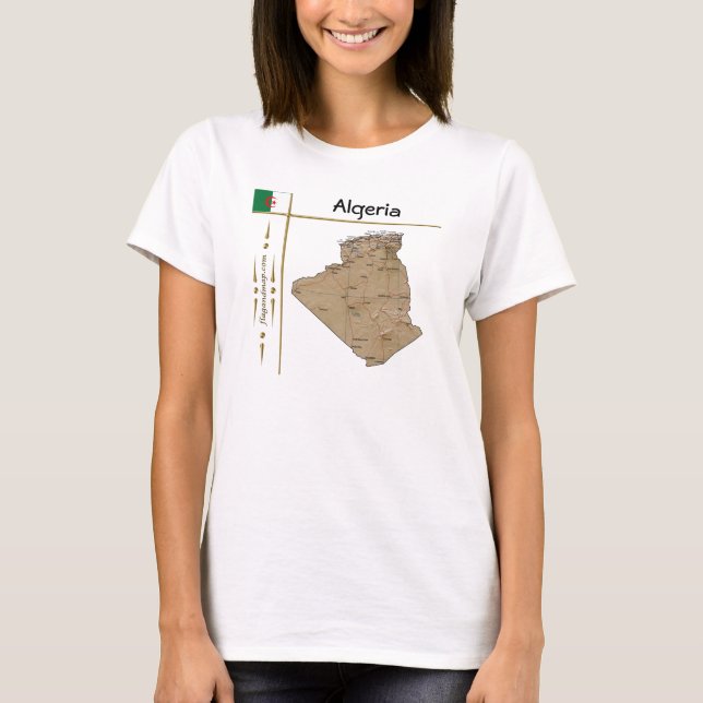 Algeriet Kart + Flagga + Titel T-Shirt (Framsida)