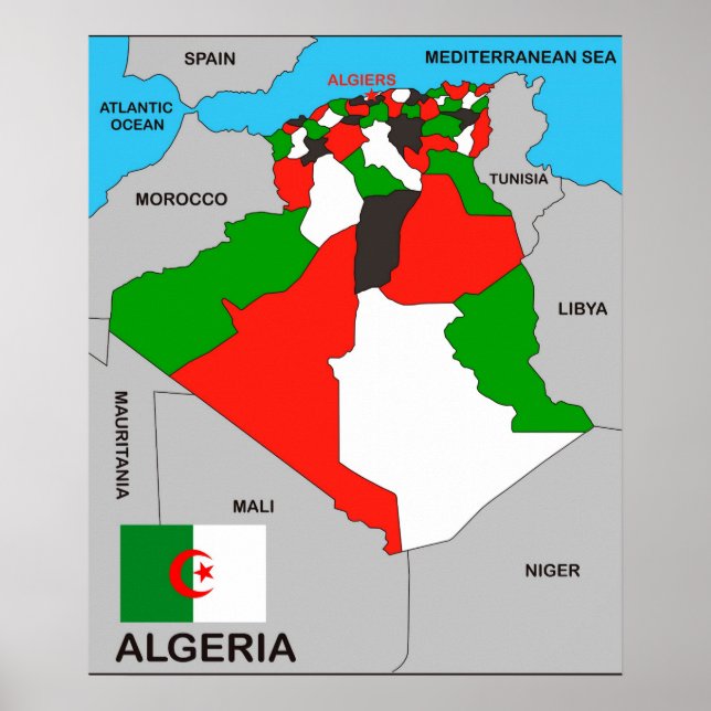 Algeriet land, politiska karta flagga poster (Framsidan)