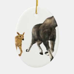 Älgmamma & baby julgransprydnad keramik