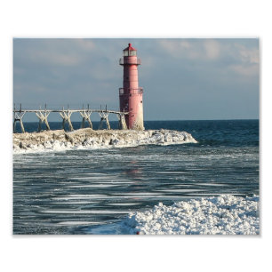 Algoma Wisconsin Lighthouse på Winter Fototryck