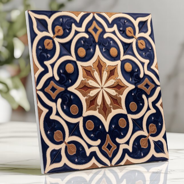 Alhambra Moorish Geometric Navy Blue Guld Kakelplatta (Skapare uppladdad)