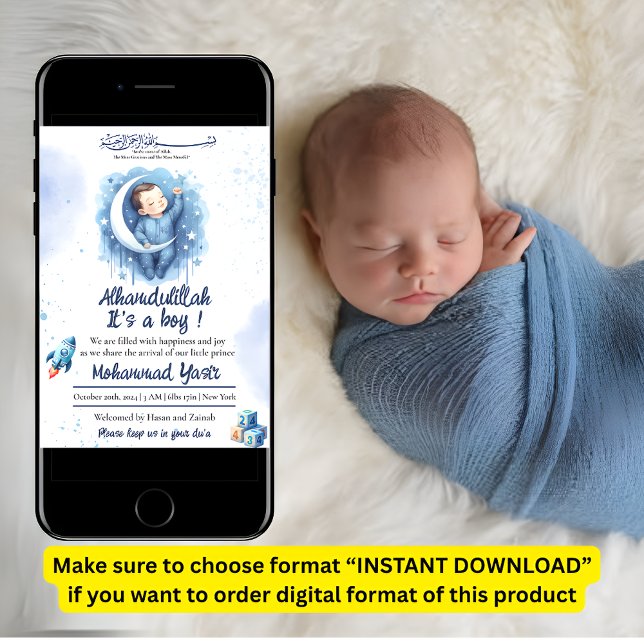 Alhamdulillah, det är en liten blå muslim baby föd inbjudningar (Skapare uppladdad)