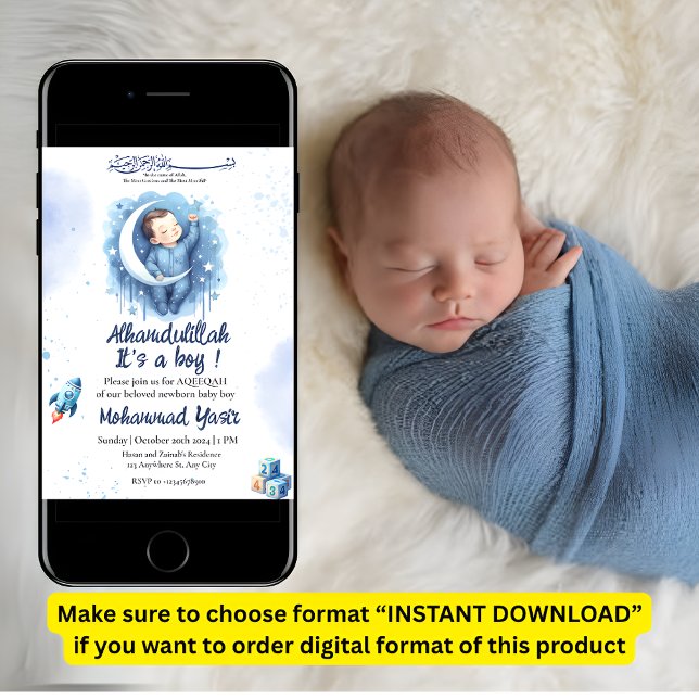 Alhamdulillah, det är en pojke blå aqeeqah muslim  inbjudningar (Skapare uppladdad)