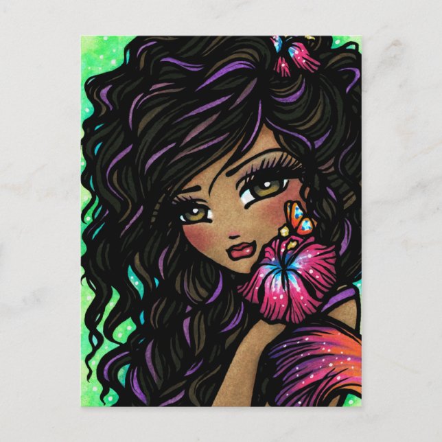 "Aliah" Hibiscus Sjöjungfru Fantasy Art Postcard Vykort (Framsida)