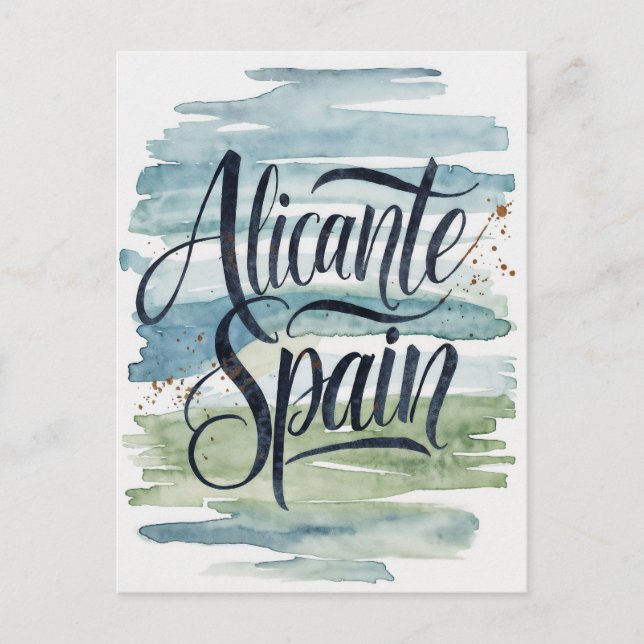 Alicante Spanien, vattenfärg Vykort (Framsida)