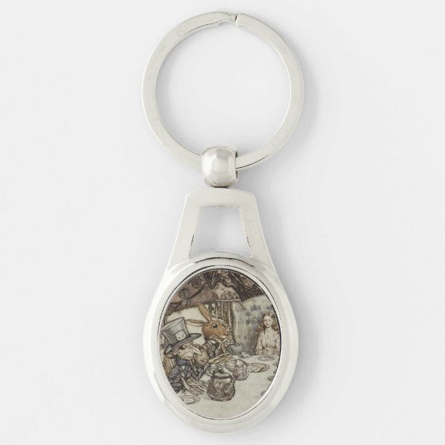 Alice Birthday Unfödelsedagspressen Rabbit Hatter  Ovalt Silverfärgad Nyckelring (Framsidan)