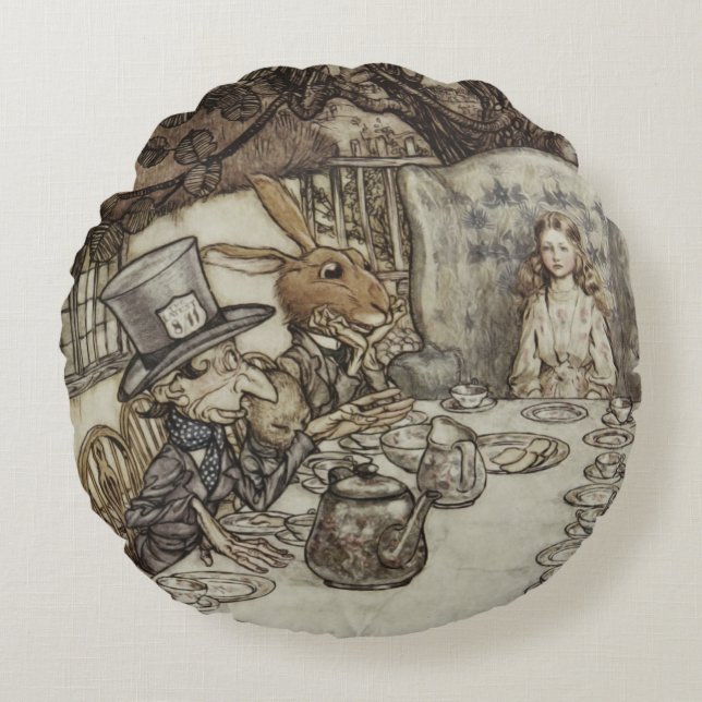 Alice Birthday Unfödelsedagspressen Rabbit Hatter  Rund Kudde (Framsidan)
