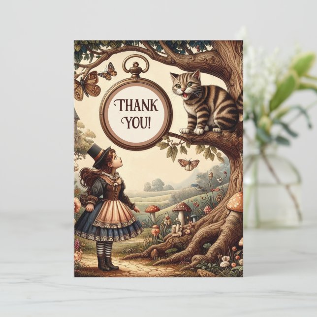 Alice & Cheshire Cat: Whimsical Underland Fantasi Tack Kort (Stående Fram)