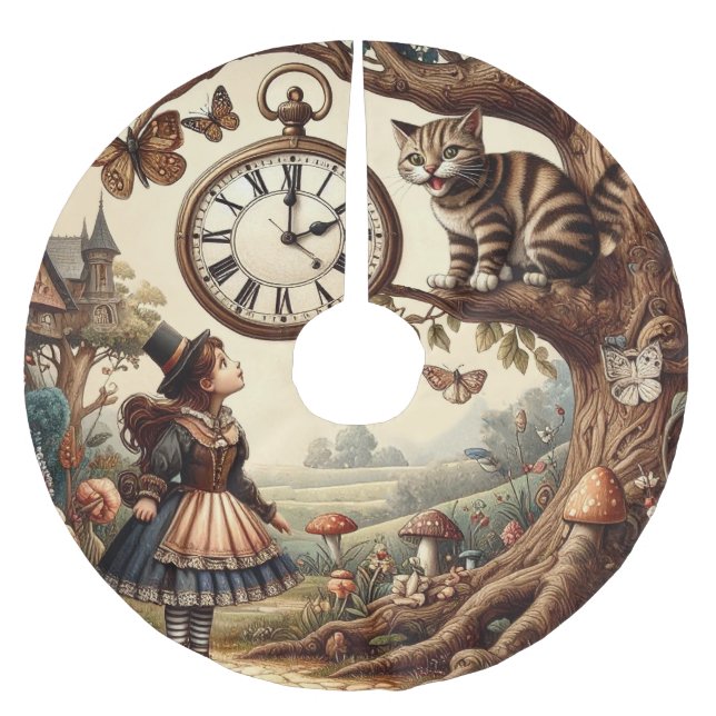 Alice & Cheshire Cat: Whimsical Wonderland Fantasy Julgransmatta Borstad Polyester (Framsidan)