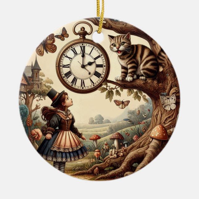 Alice & Cheshire Cat: Whimsical Wonderland Fantasy Julgransprydnad Keramik (Framsidan)