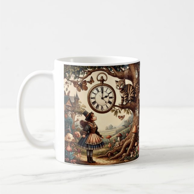 Alice & Cheshire Cat: Whimsical Wonderland Fantasy Kaffemugg (Vänster)