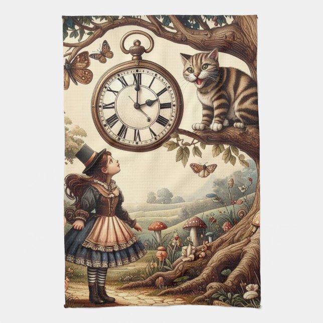 Alice & Cheshire Cat: Whimsical Wonderland Fantasy Kökshandduk (Vertikal)