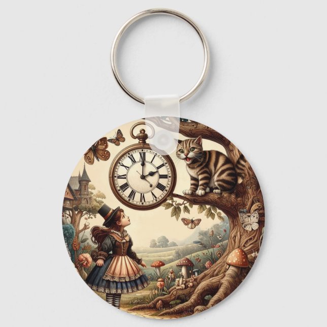 Alice & Cheshire Cat: Whimsical Wonderland Fantasy Nyckelring (Framsida)