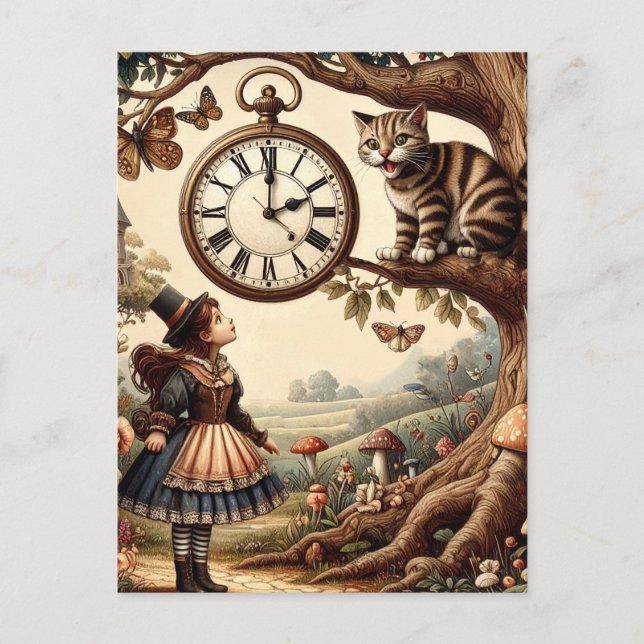 Alice & Cheshire Cat: Whimsical Wonderland Fantasy Vykort (Framsida)