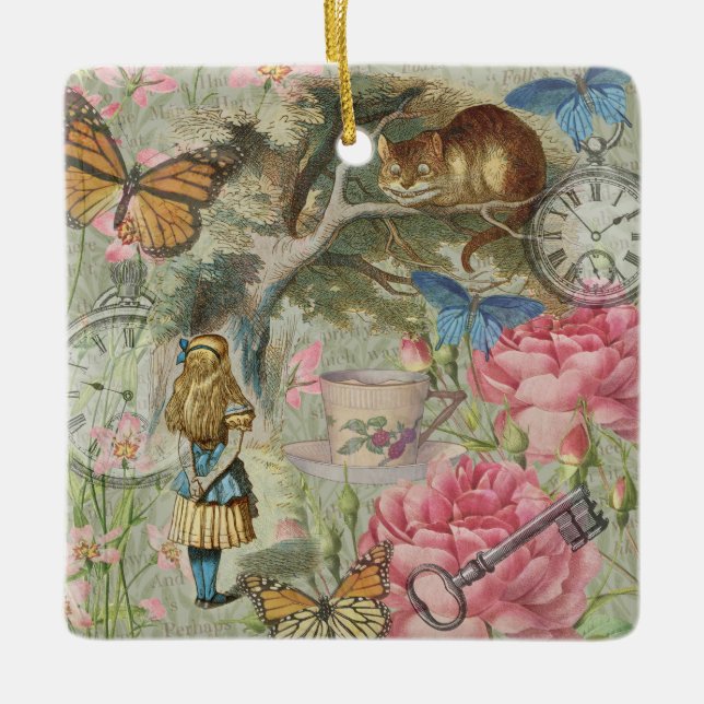 Alice Cheshire Cat Wonderland Träd Garden Julgransprydnad Keramik (Framsida)