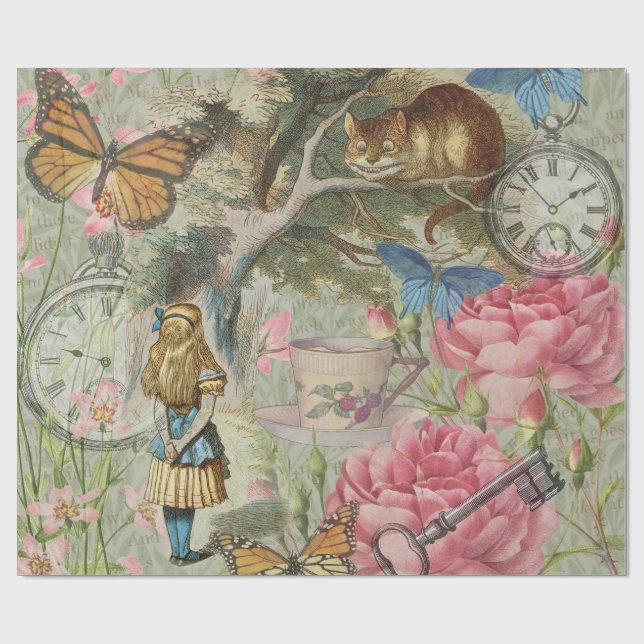 Alice Cheshire Cat Wonderland Träd Garden Presentpapper (Platt)
