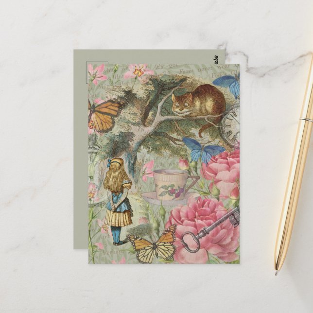 Alice Cheshire Cat Wonderland Trädgård Vykort (Fram/Back In Situ)