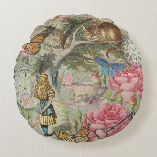Alice Cheshire Katt Wonderland Trädgård Rund Kudde (Framsidan)