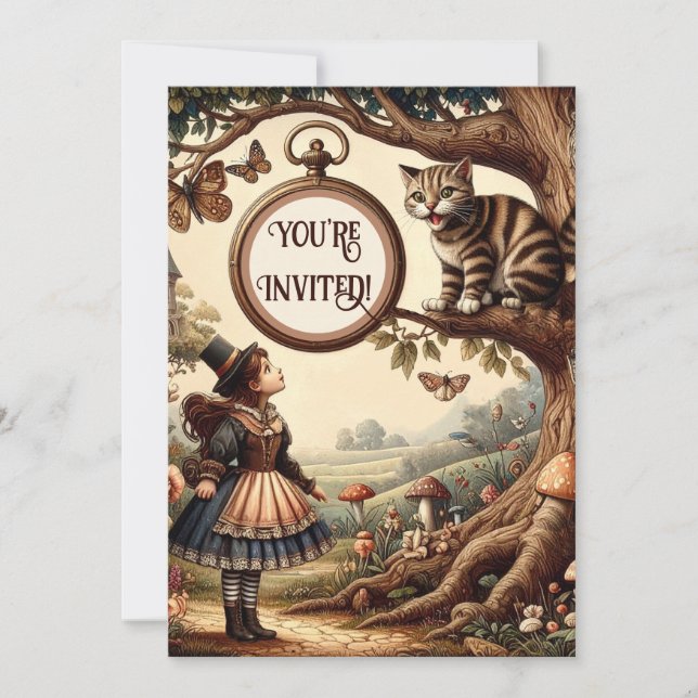Alice & Chesirekatten: Whimsical Wonderland Fantas Inbjudningar (Framsida)