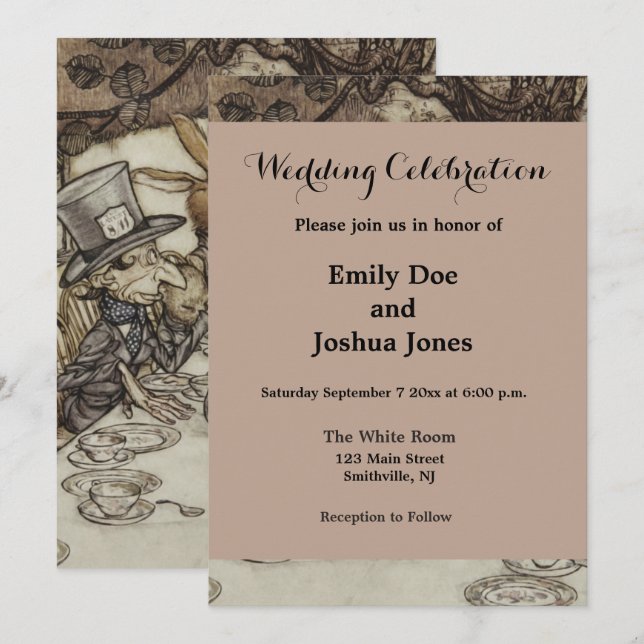 Alice Födelsedag Icke Födelsedags Rabbithattens Fe Inbjudningar (Fram/baksida)