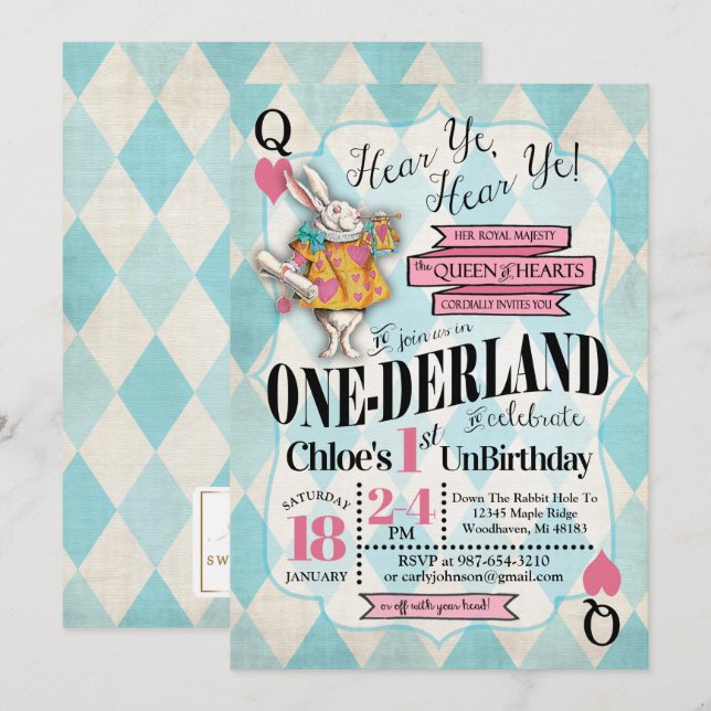 Alice i 1st födelsedaginbjudningar för underland inbjudningar (Fram/baksida)