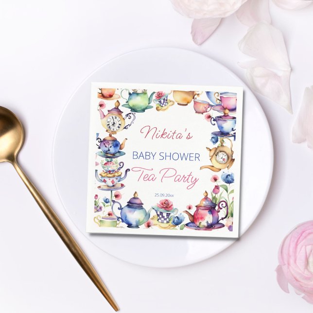 Alice i babyduschen på underland, party, tablewar pappersservett (Alice in wonderland baby shower tea party tableware personalized napkins whimsical tea cups tea pot )