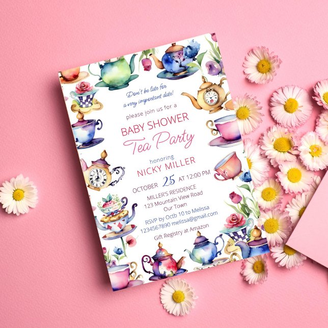 Alice i babyduschte party i underlandet inbjudningar (Alice in wonderland baby shower tea party template invitation instant download tea cups and pots)