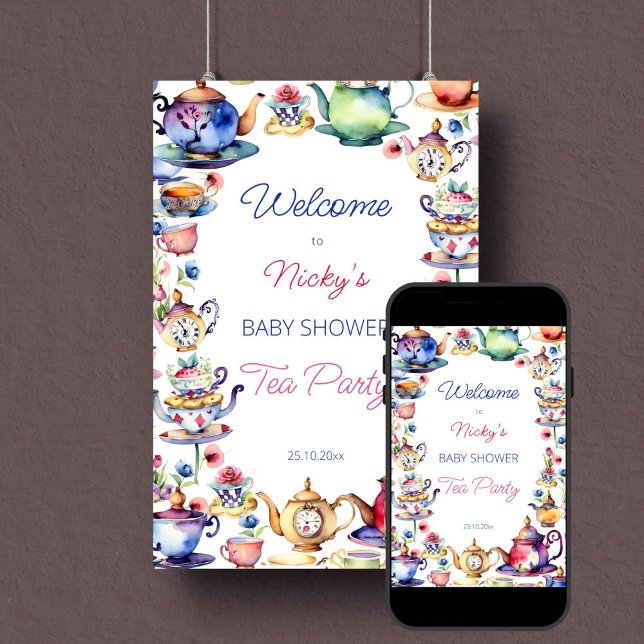 Alice i babyduschvälkomstskylt på underland poster (Alice in wonderland tea party baby shower welcome sign template poster digital download watercolor)