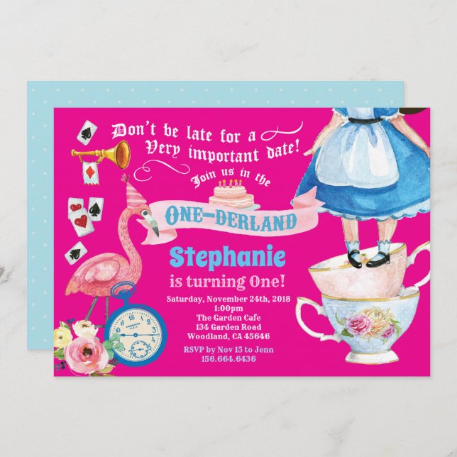 Alice i ENdringsland födelsedags teparty varmröd Inbjudningar (Fram/baksida)