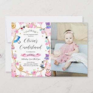 Alice i Onederland 1:a födelsedag Rosa Photo Inbjudningar