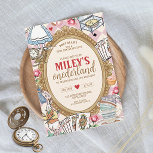 Alice i ONEDERLAND 1:a födelsedag Vintage Tea Part Inbjudningar
