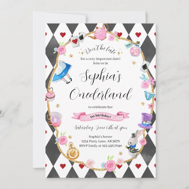 Alice i Onederland 1:a födelsedagen Black Inbjudningar (Framsida)