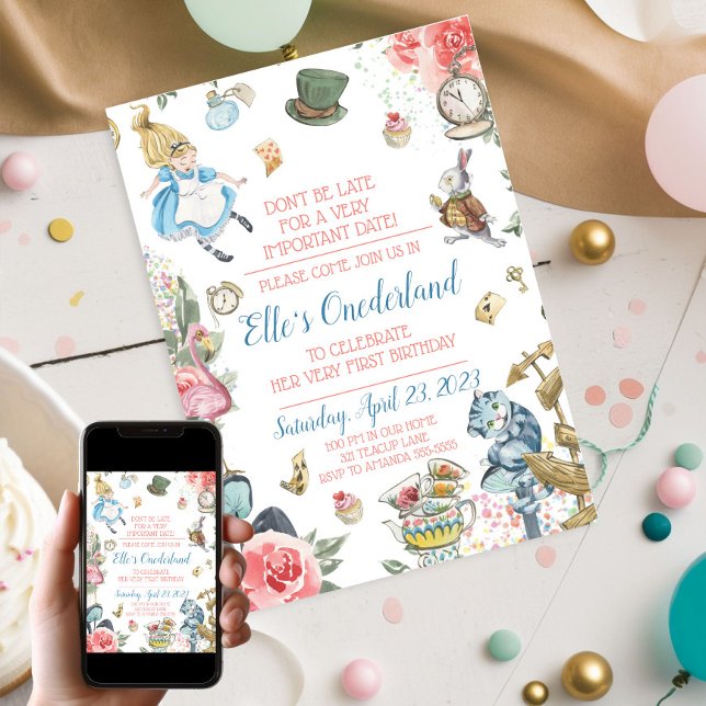 Alice i Onederland 1:a födelsedagsbjudandet Inbjudningar (Alice In Wonderland First Birthday Party Invitation)