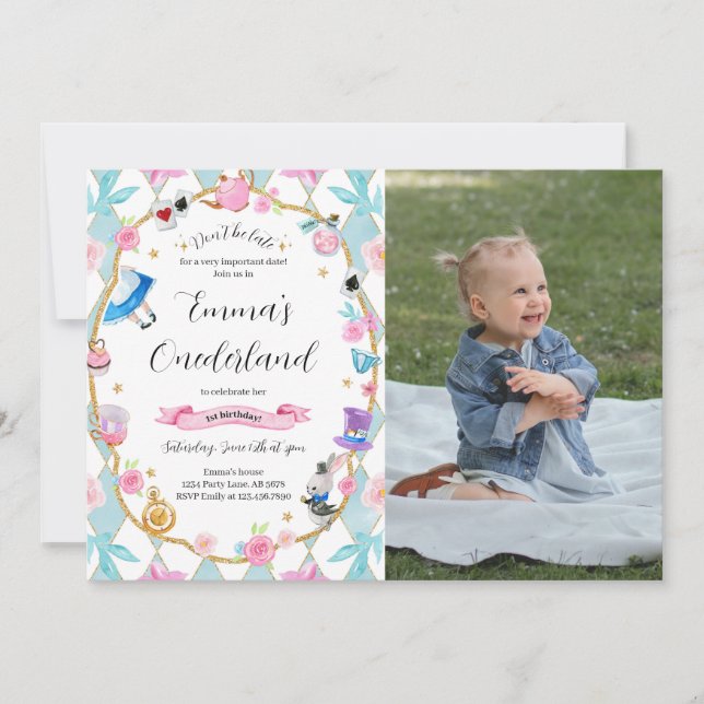 Alice i Onederland 1:a födelsedagsblåfoto Inbjudningar (Framsida)