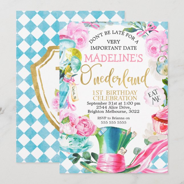 Alice i Onederland 1:a födelsedagsinbjudan Inbjudningar (Fram/baksida)